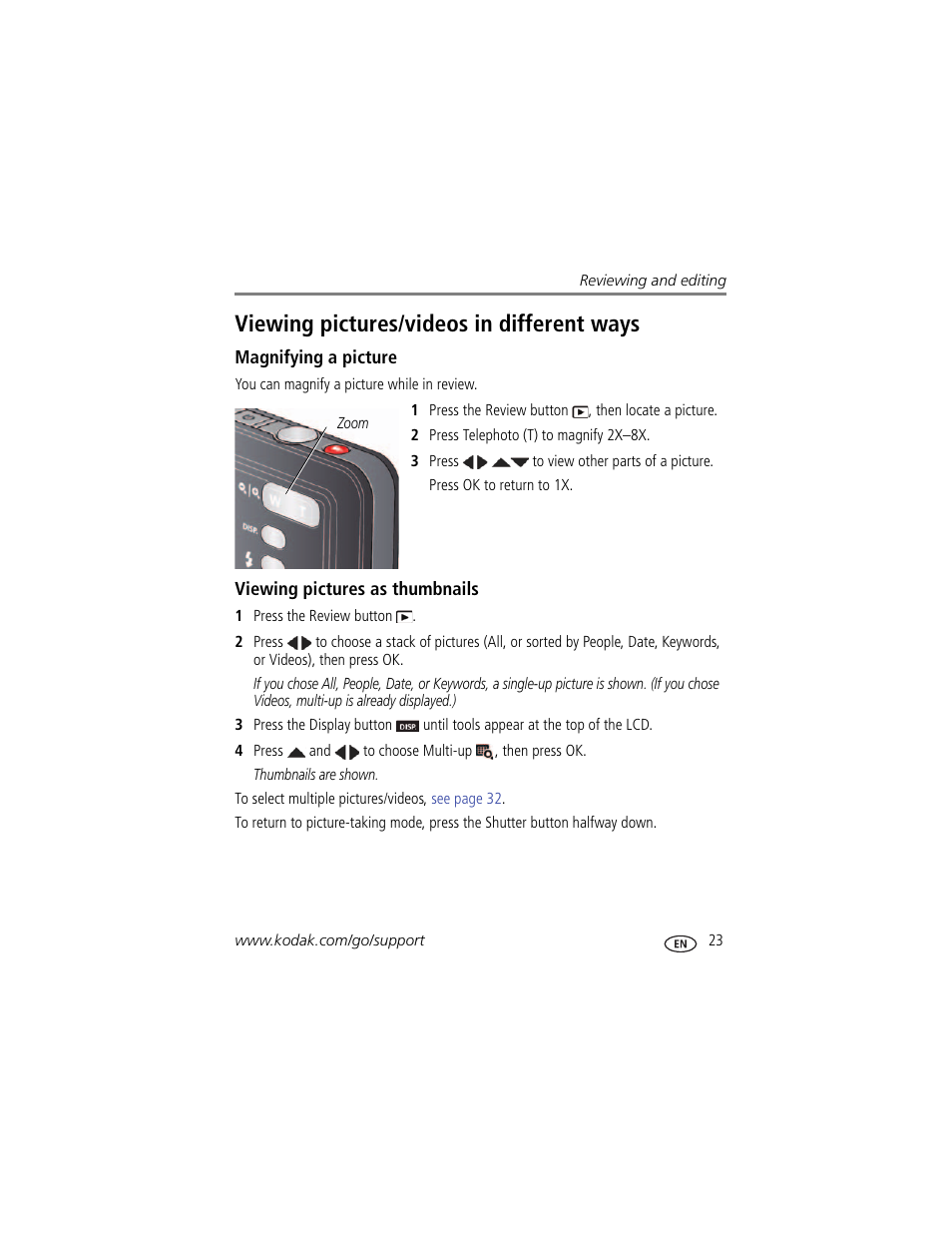 Magnifying a picture, Viewing pictures as thumbnails, Viewing pictures/videos in different ways | Kodak M5350 User Manual | Page 29 / 70