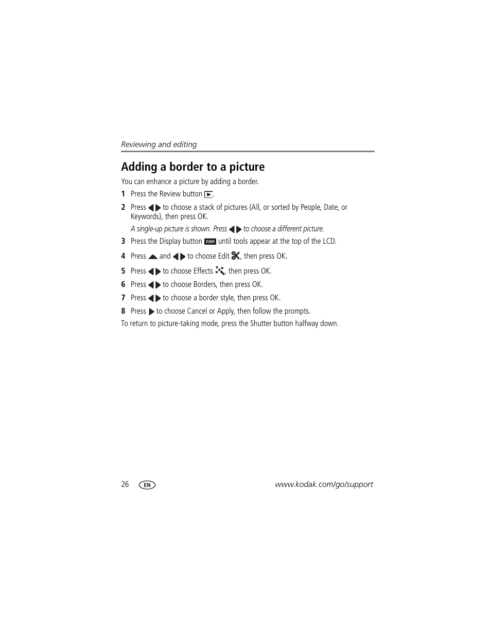 Adding a border to a picture | Kodak M5350 User Manual | Page 32 / 70