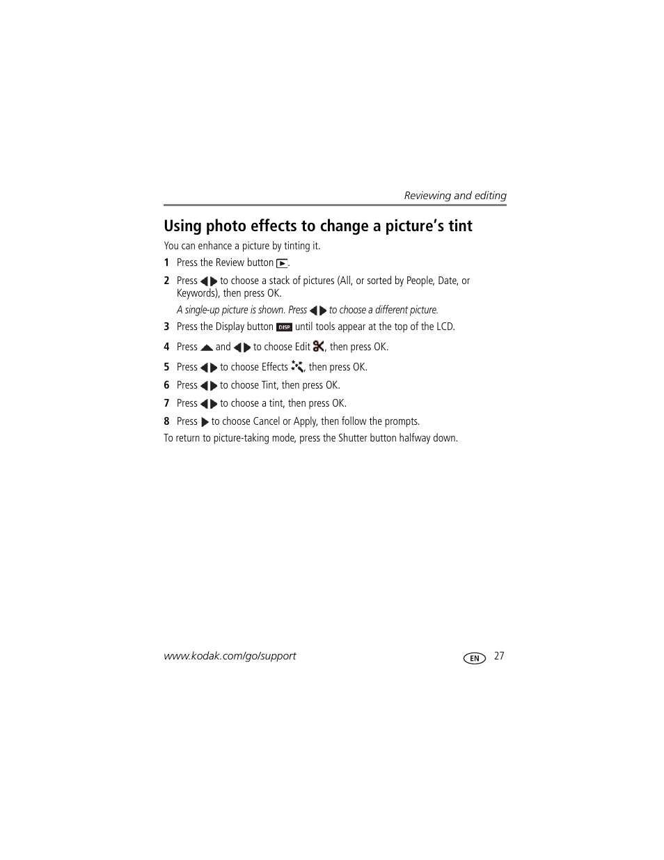 Using photo effects to change a picture’s tint | Kodak M5350 User Manual | Page 33 / 70