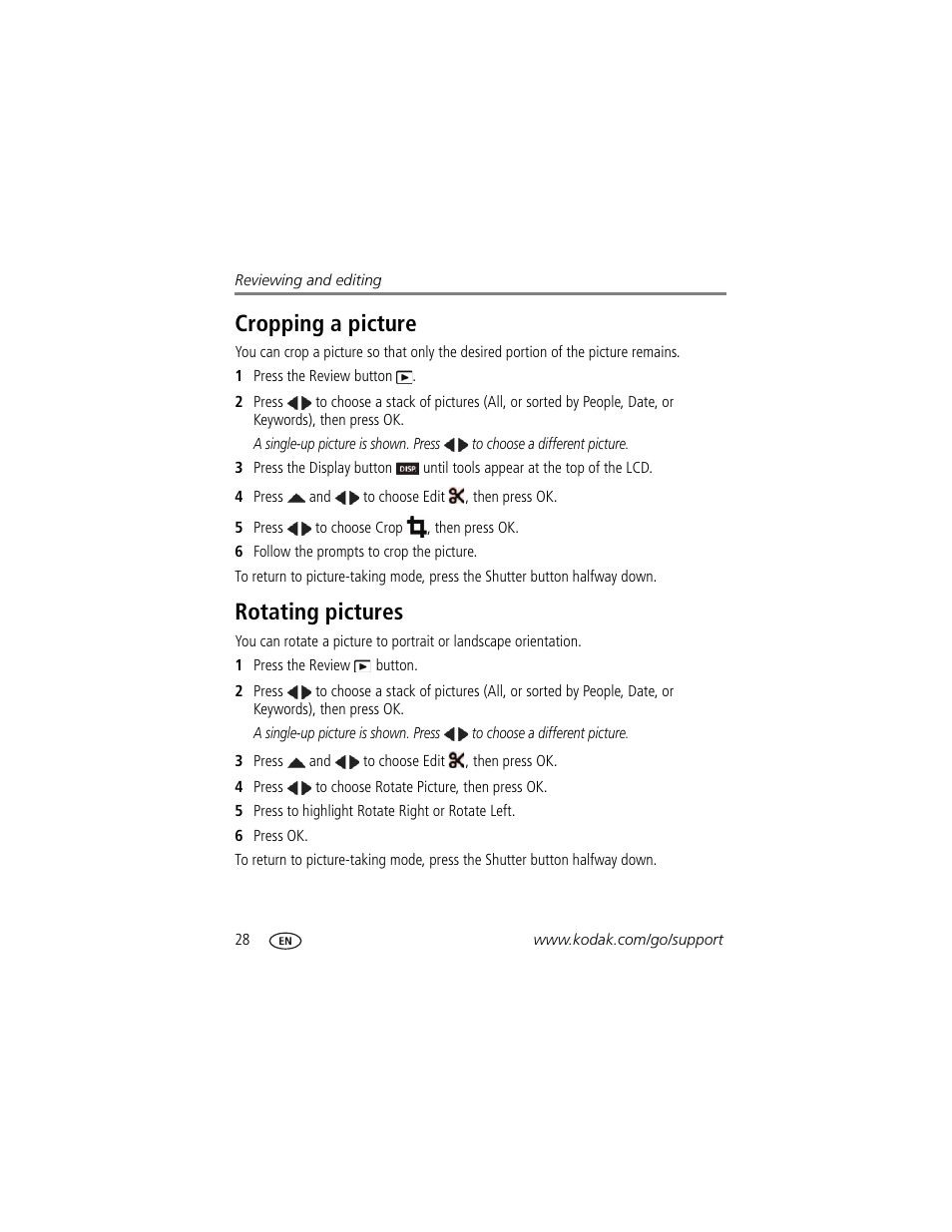 Rotating pictures, Cropping a picture rotating pictures, Cropping a picture | Kodak M5350 User Manual | Page 34 / 70