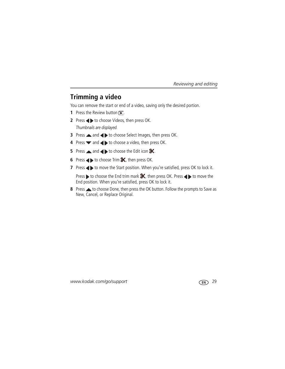 Trimming a video | Kodak M5350 User Manual | Page 35 / 70