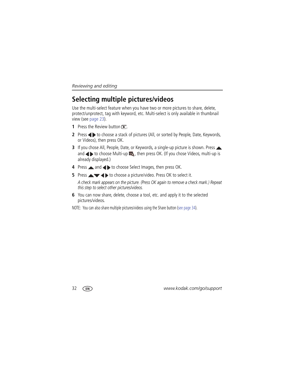 Selecting multiple pictures/videos | Kodak M5350 User Manual | Page 38 / 70