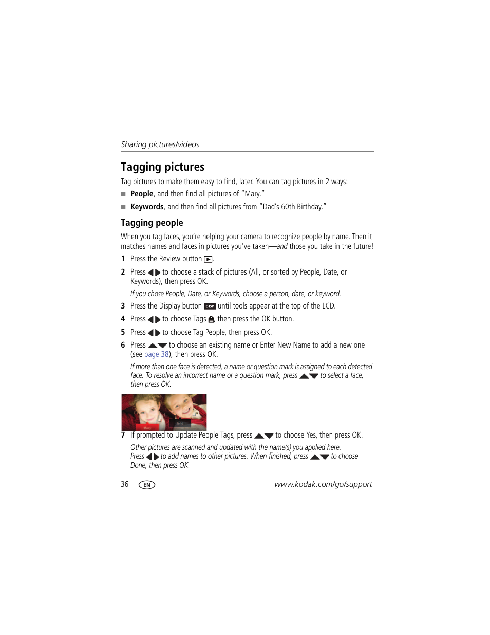 Tagging people, Tagging pictures | Kodak M5350 User Manual | Page 42 / 70