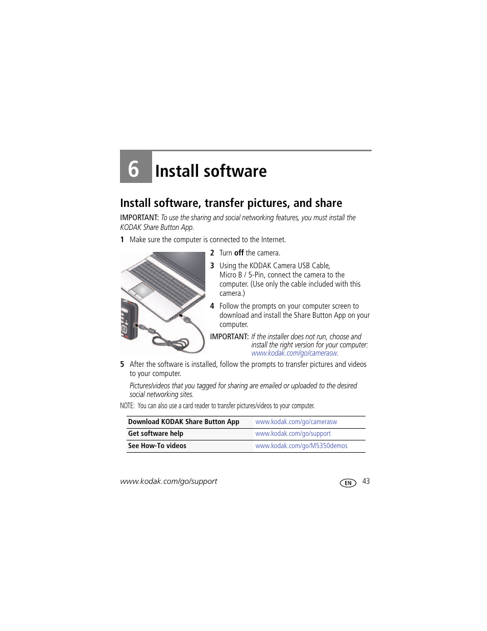 Install software, Install software, transfer pictures, and share, 6 install software | Kodak M5350 User Manual | Page 49 / 70
