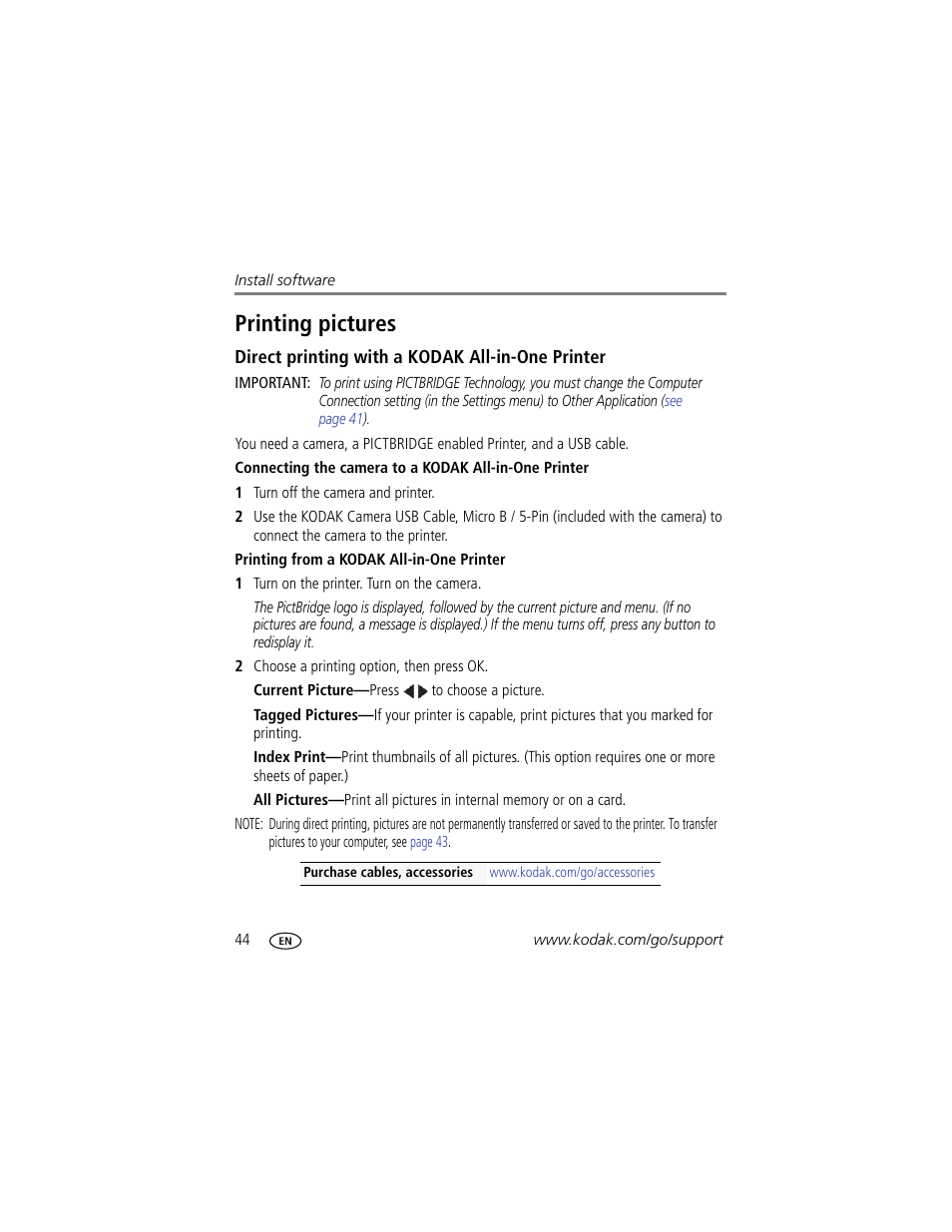 Direct printing with a kodak all-in-one printer, Printing from a kodak all-in-one printer, Printing pictures | Kodak M5350 User Manual | Page 50 / 70