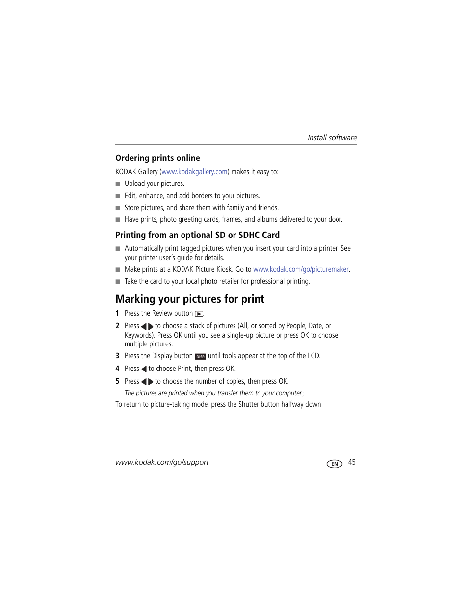 Ordering prints online, Printing from an optional sd or sdhc card, Marking your pictures for print | Kodak M5350 User Manual | Page 51 / 70