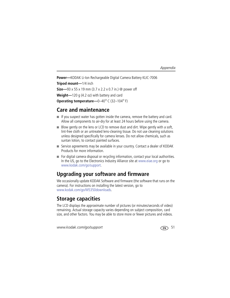 Care and maintenance, Upgrading your software and firmware, Storage capacities | The lens | Kodak M5350 User Manual | Page 57 / 70