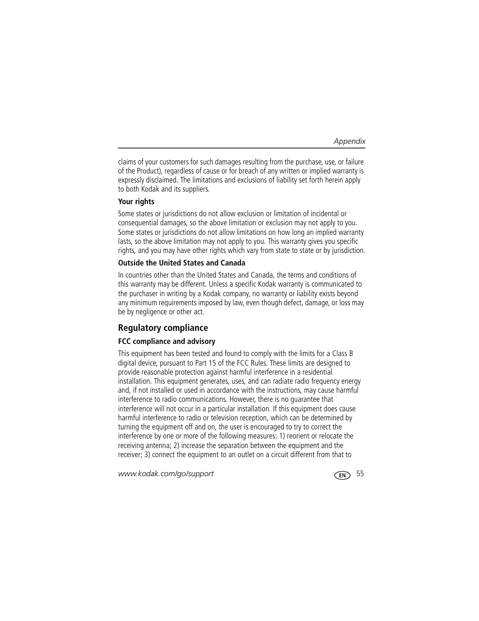 Regulatory compliance, Fcc compliance and advisory | Kodak M5350 User Manual | Page 61 / 70