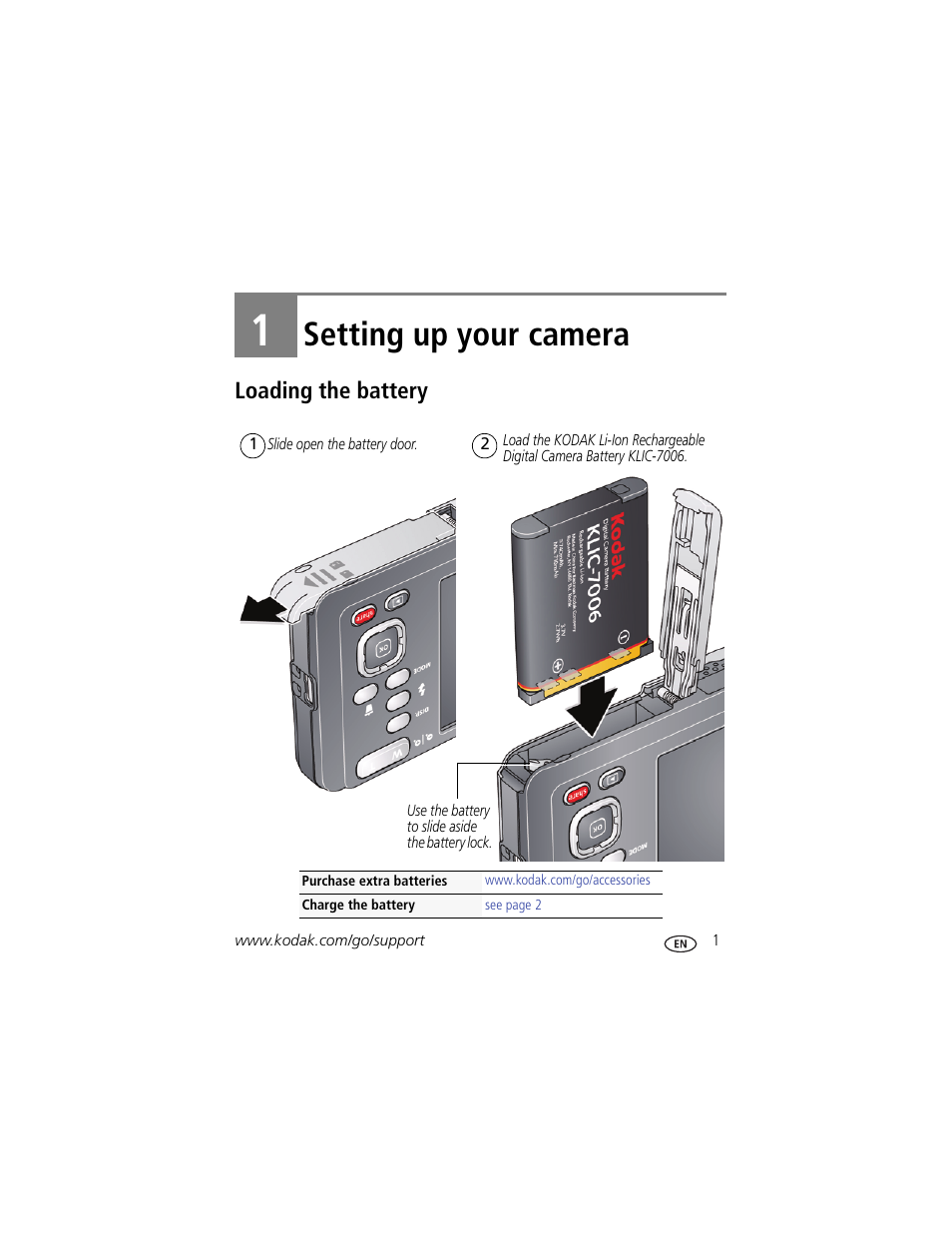Setting up your camera, Loading the battery, 1 setting up your camera | Kodak M5350 User Manual | Page 7 / 70