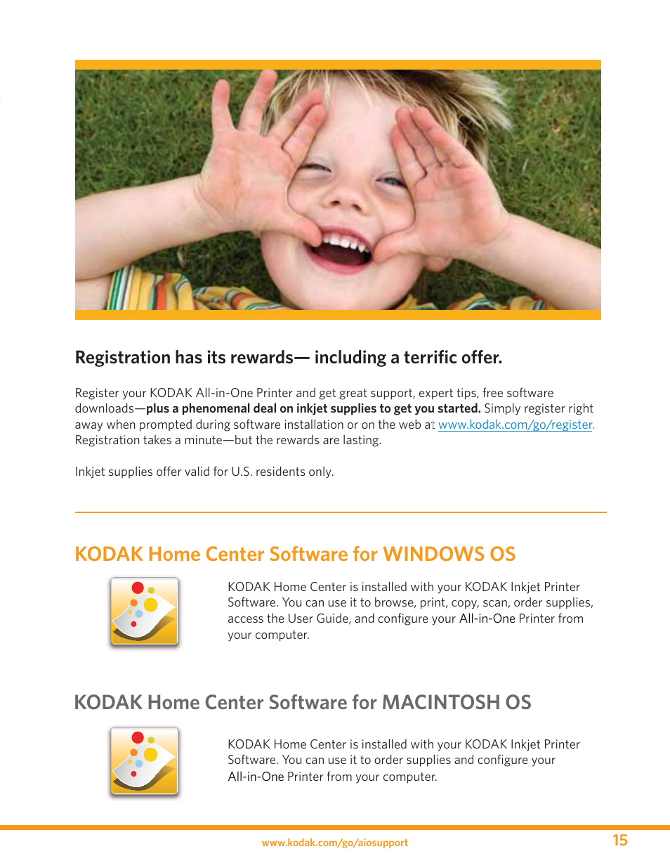 Kodak home center software for windows os, Kodak home center software for macintosh os | Kodak ESP 9 User Manual | Page 15 / 16