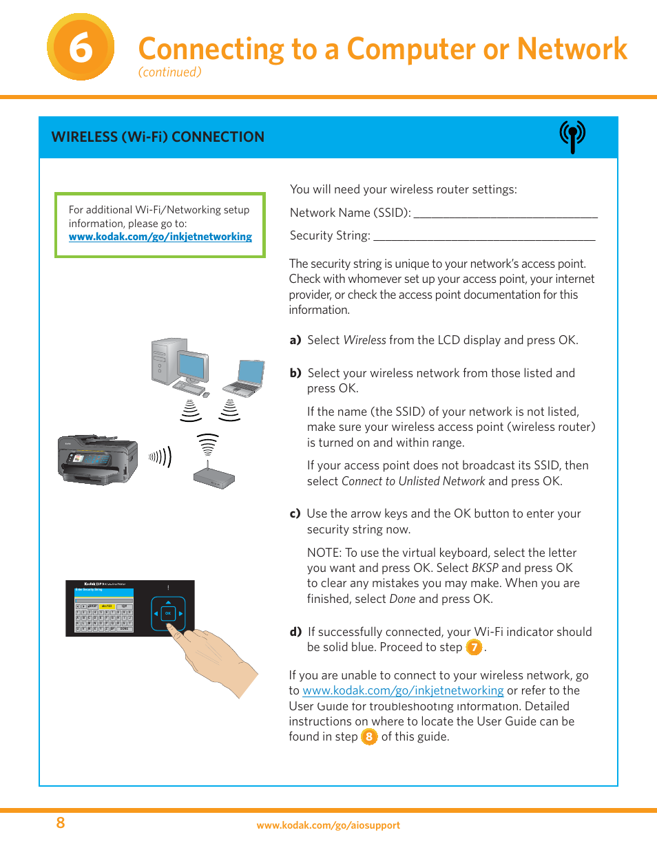 Connecting to a computer or network, Wireless (wi-fi) connection, Continued) | Of this guide | Kodak ESP 9 User Manual | Page 8 / 16