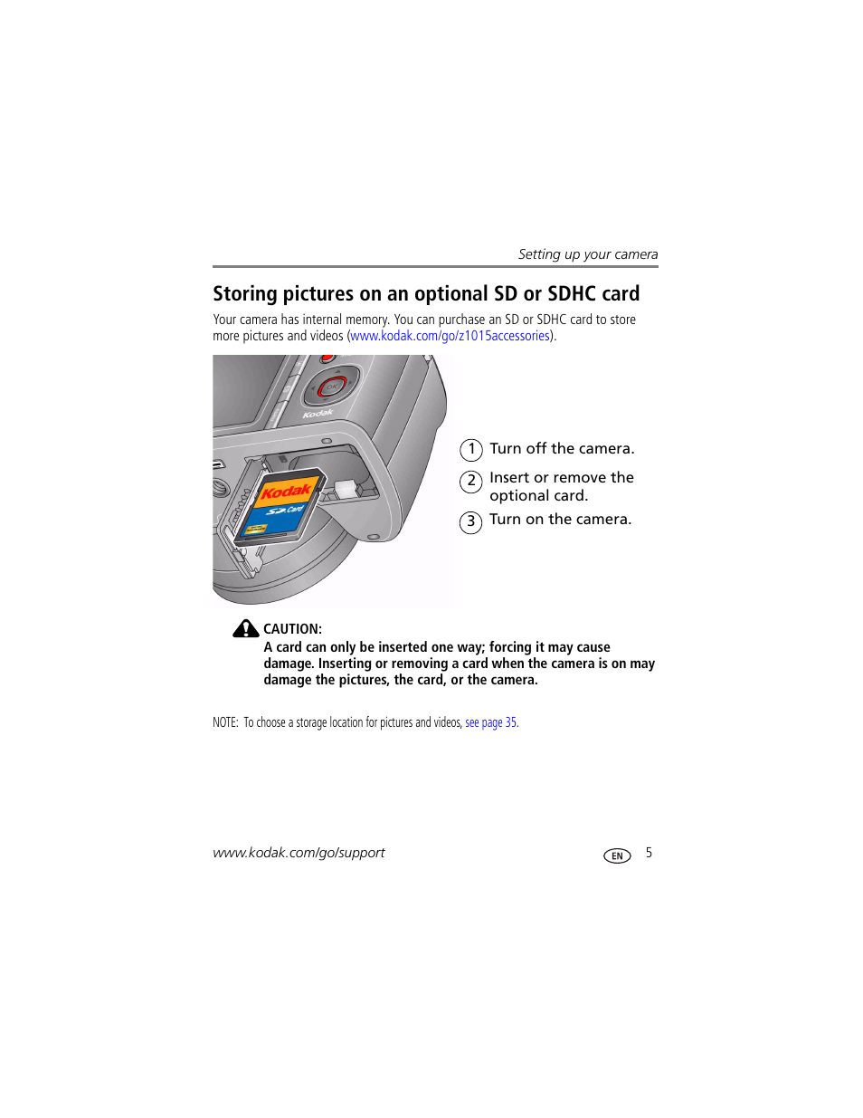 Storing pictures on an optional sd or sdhc card | Kodak Z1015 IS User Manual | Page 11 / 77
