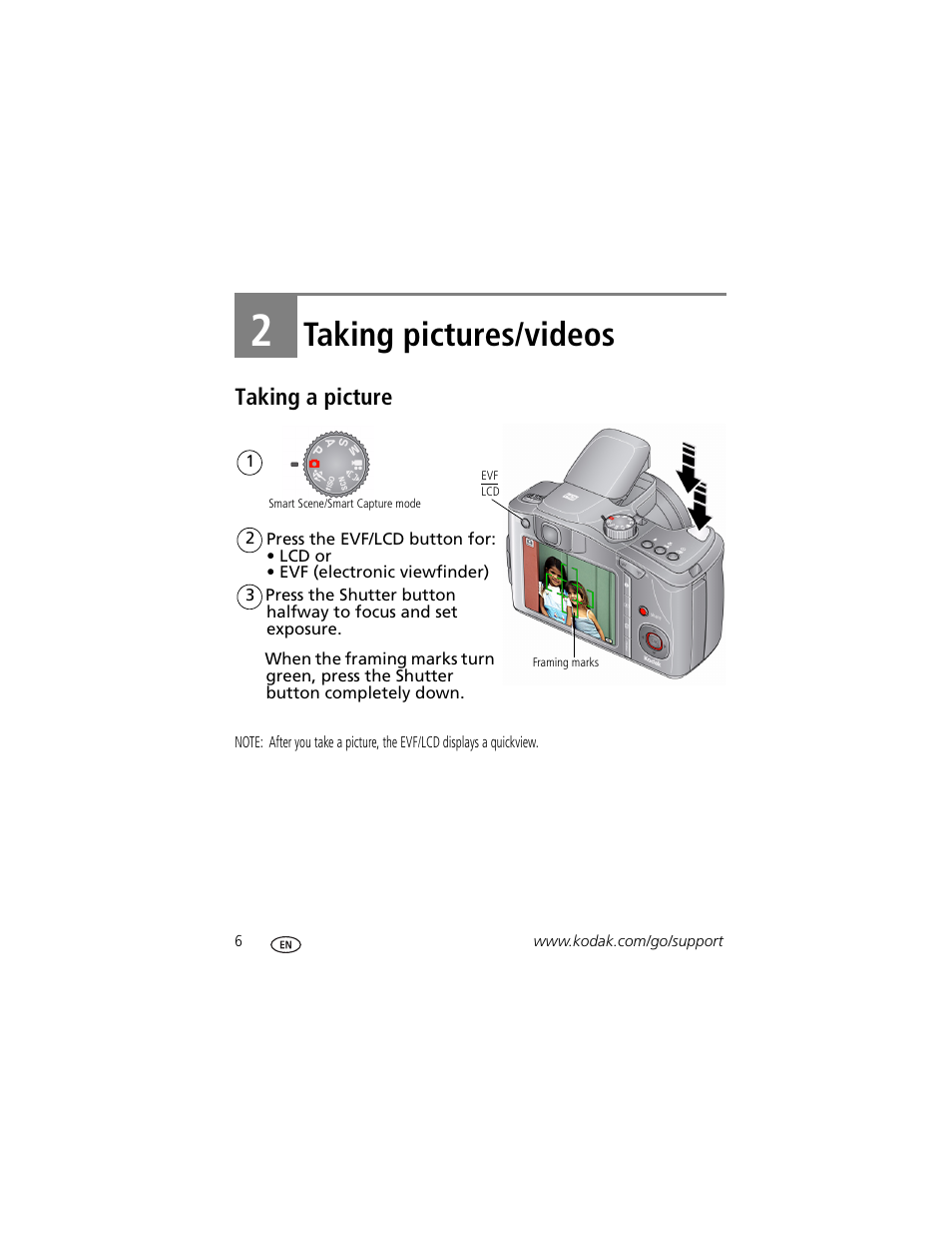 Taking pictures/videos, Taking a picture, 2 taking pictures/videos | Kodak Z1015 IS User Manual | Page 12 / 77