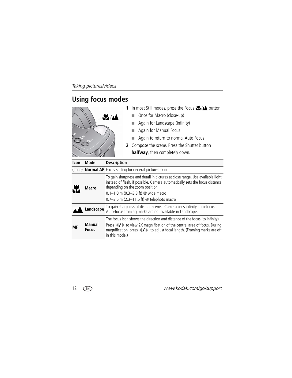 Using focus modes | Kodak Z1015 IS User Manual | Page 18 / 77