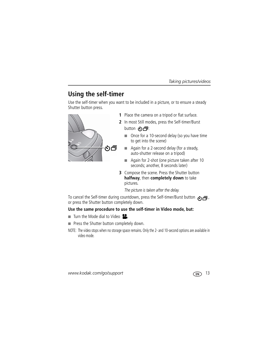 Using the self-timer | Kodak Z1015 IS User Manual | Page 19 / 77
