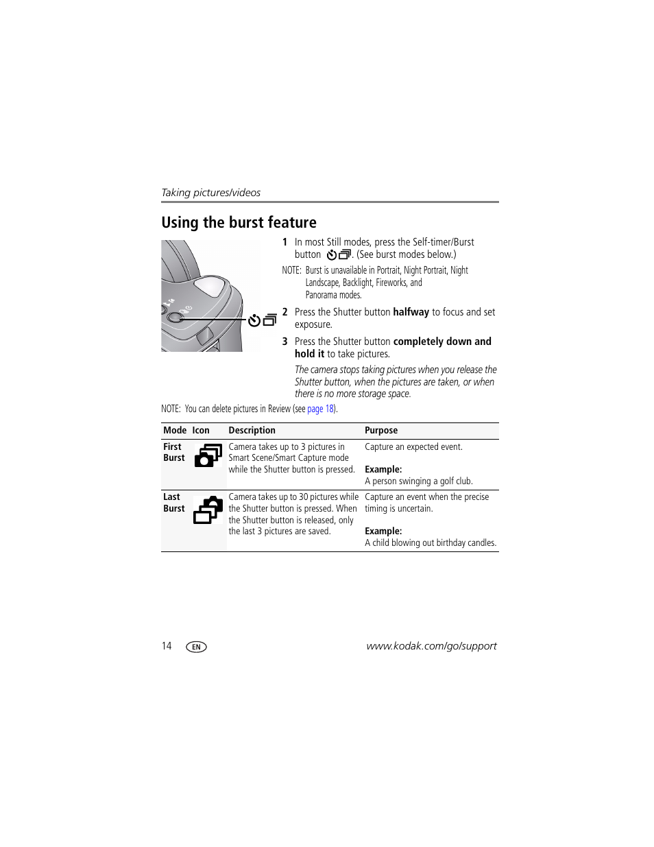 Using the burst feature | Kodak Z1015 IS User Manual | Page 20 / 77