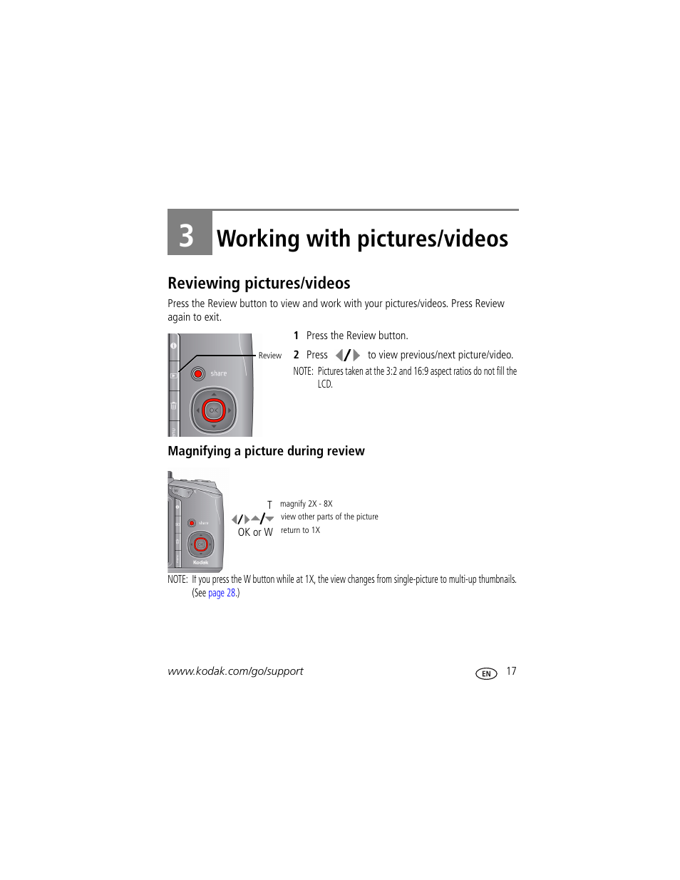 Working with pictures/videos, Reviewing pictures/videos, Magnifying a picture during review | 3 working with pictures/videos | Kodak Z1015 IS User Manual | Page 23 / 77