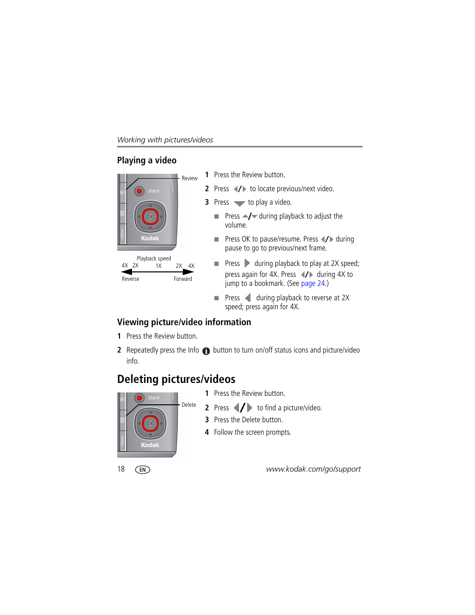 Playing a video, Viewing picture/video information, Deleting pictures/videos | Kodak Z1015 IS User Manual | Page 24 / 77