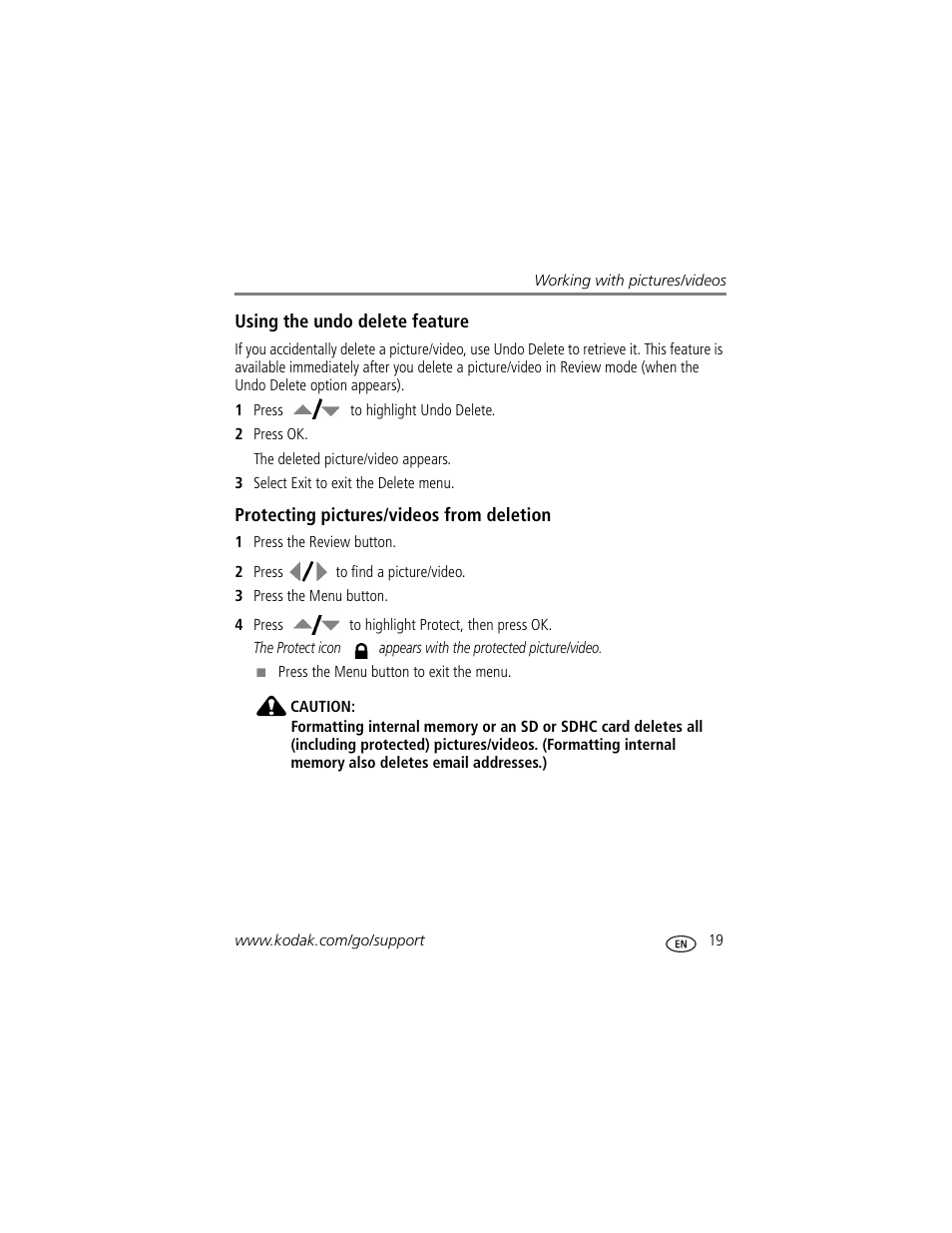 Using the undo delete feature, Protecting pictures/videos from deletion | Kodak Z1015 IS User Manual | Page 25 / 77