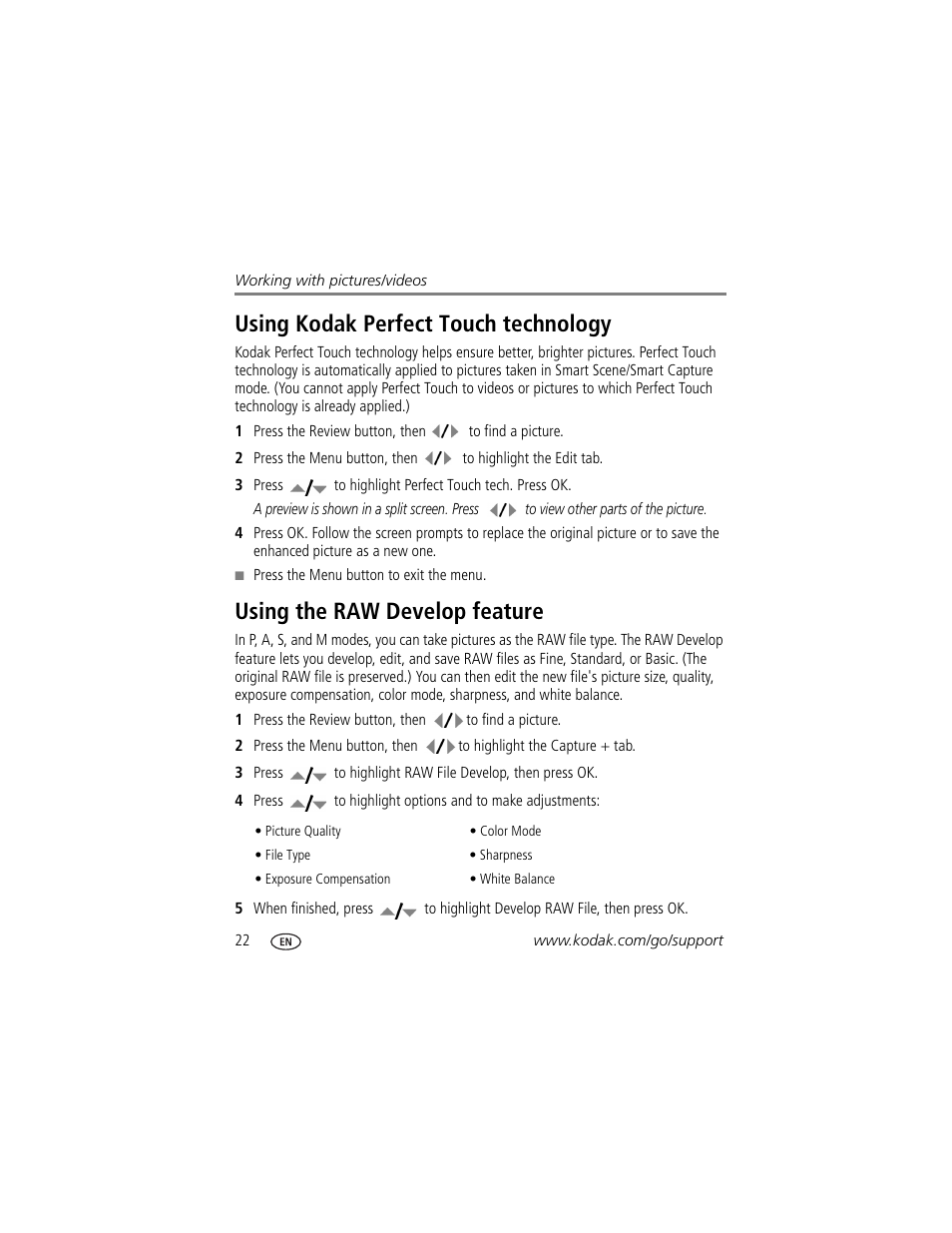 Using the raw develop feature, Using kodak perfect touch technology | Kodak Z1015 IS User Manual | Page 28 / 77