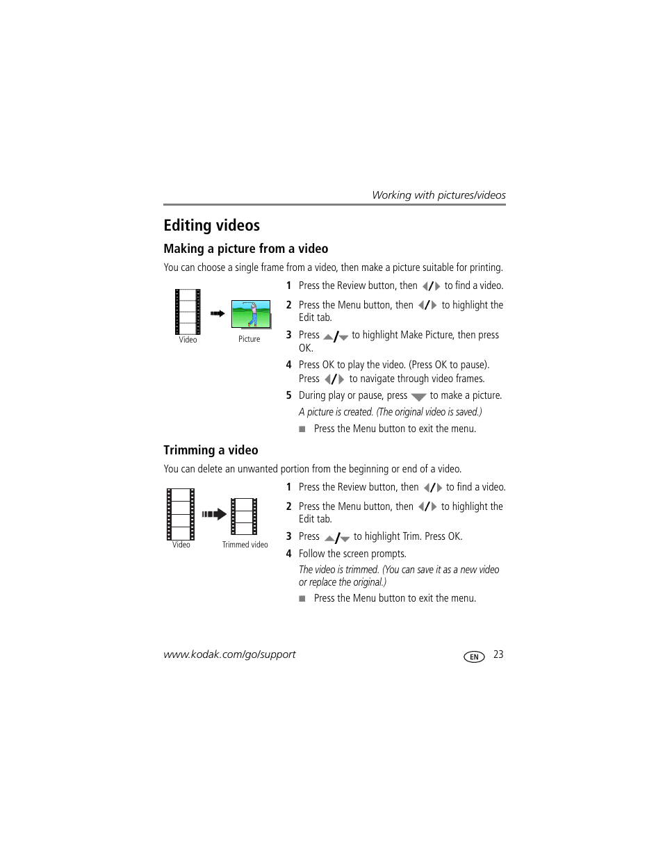Making a picture from a video, Trimming a video, Editing videos | Kodak Z1015 IS User Manual | Page 29 / 77