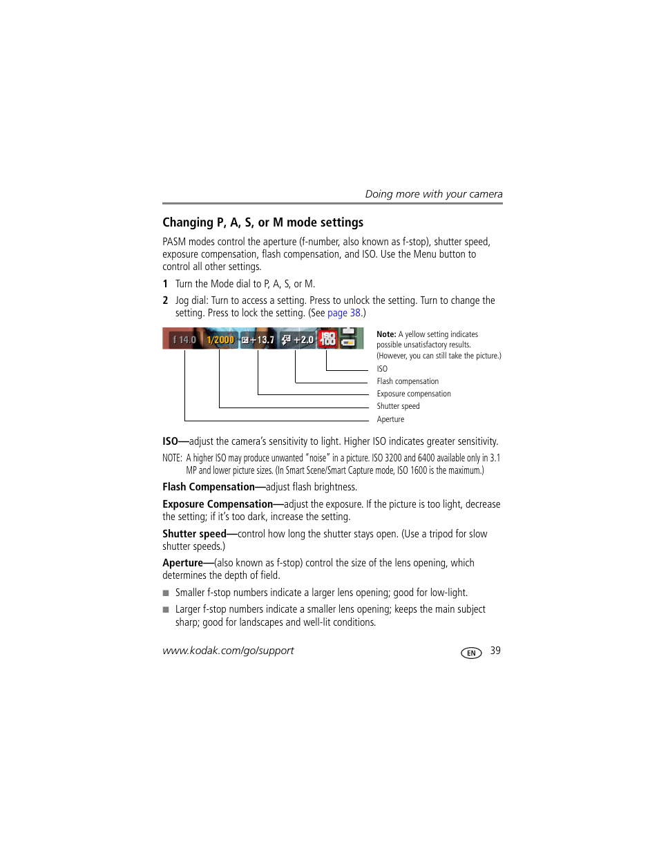 Changing p, a, s, or m mode settings | Kodak Z1015 IS User Manual | Page 45 / 77