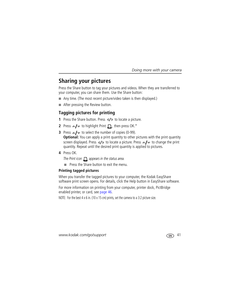 Tagging pictures for printing, Printing tagged pictures, Sharing your pictures | Kodak Z1015 IS User Manual | Page 47 / 77