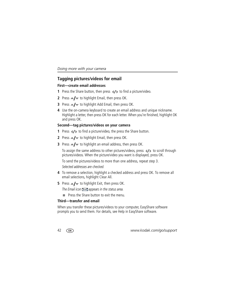 First-create email addresses, Second-tag pictures/videos on your camera, Third-transfer and email | Kodak Z1015 IS User Manual | Page 48 / 77