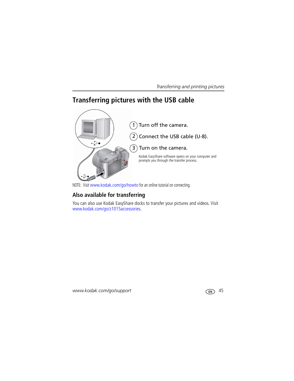 Also available for transferring, Transferring pictures with the usb cable | Kodak Z1015 IS User Manual | Page 51 / 77