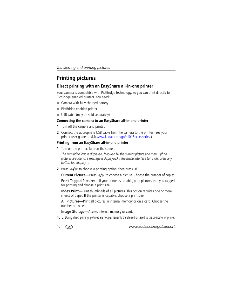 Printing from an easyshare all-in-one printer, Printing pictures | Kodak Z1015 IS User Manual | Page 52 / 77