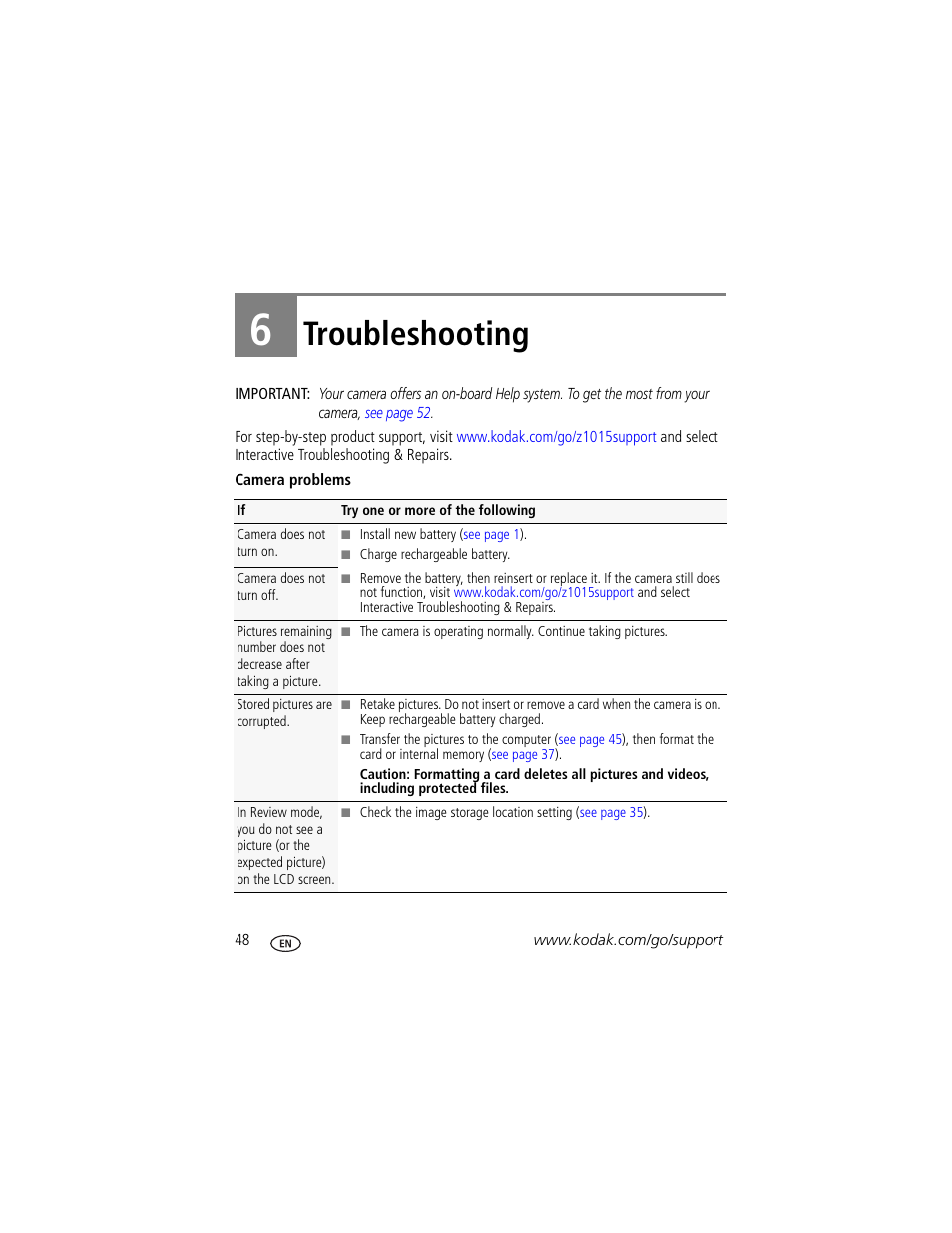 Troubleshooting, 6 troubleshooting | Kodak Z1015 IS User Manual | Page 54 / 77