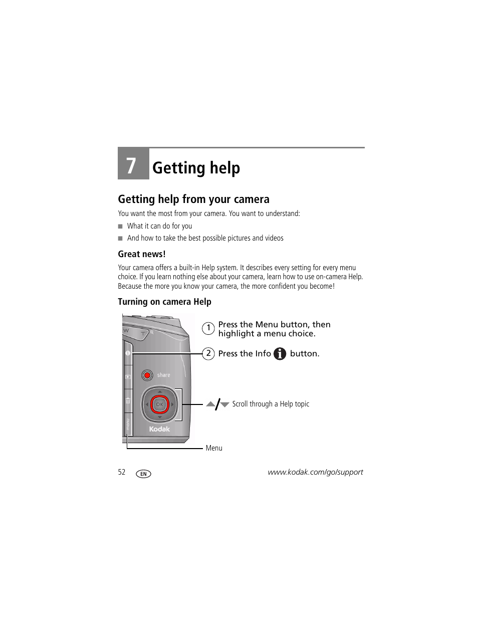 Getting help, Getting help from your camera, Great news | Turning on camera help, 7 getting help | Kodak Z1015 IS User Manual | Page 58 / 77