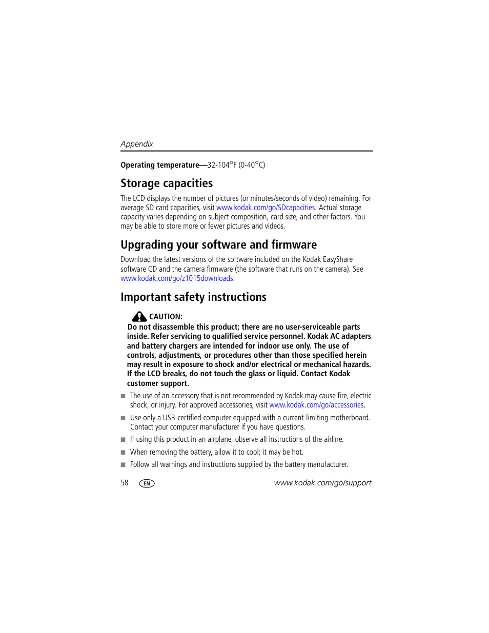 Storage capacities, Upgrading your software and firmware, Important safety instructions | Kodak Z1015 IS User Manual | Page 64 / 77