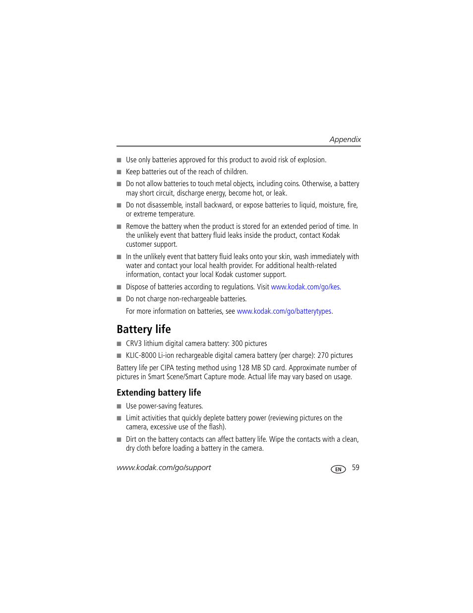 Battery life, Extending battery life | Kodak Z1015 IS User Manual | Page 65 / 77