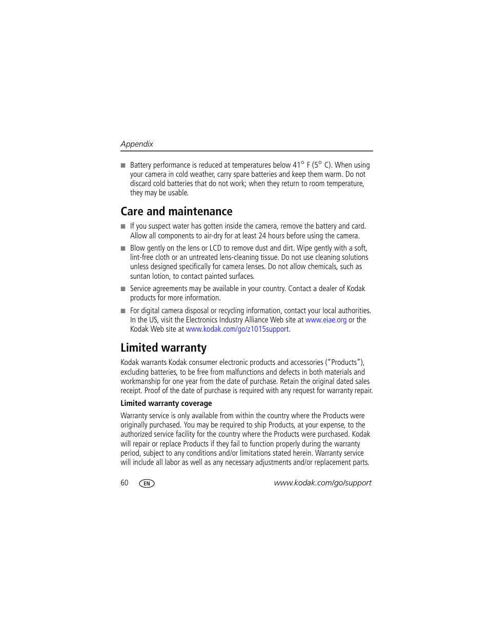 Care and maintenance, Limited warranty, Care and maintenance limited warranty | E lens | Kodak Z1015 IS User Manual | Page 66 / 77