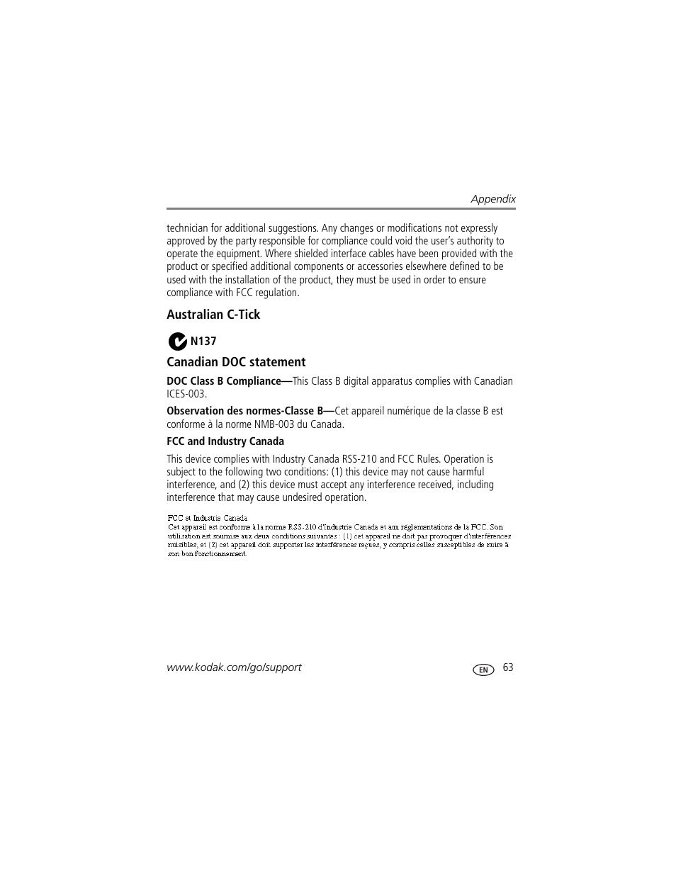 Australian c-tick, Canadian doc statement, Fcc and industry canada | Kodak Z1015 IS User Manual | Page 69 / 77