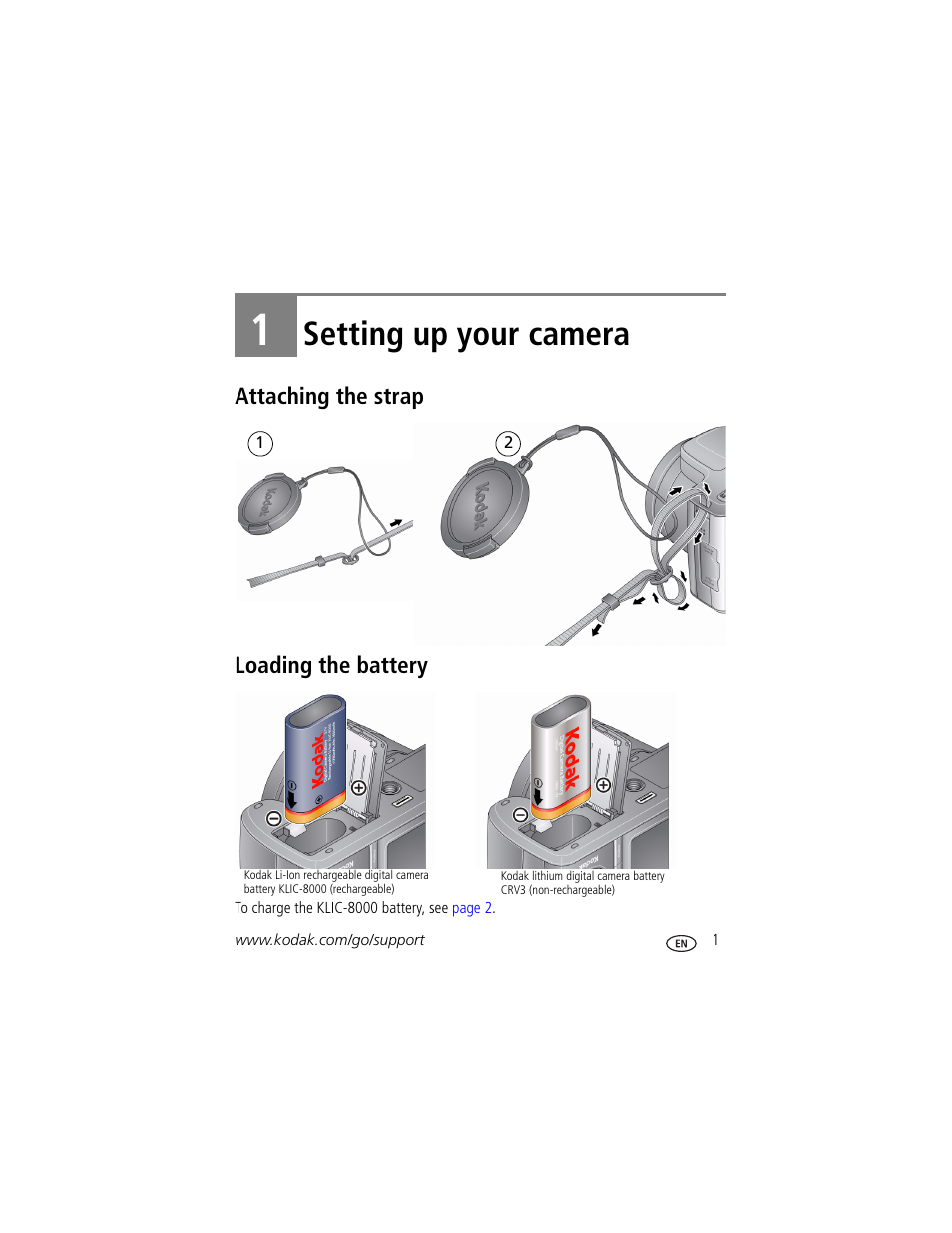 Setting up your camera, Attaching the strap, Loading the battery | 1 setting up your camera, Attaching the strap loading the battery | Kodak Z1015 IS User Manual | Page 7 / 77