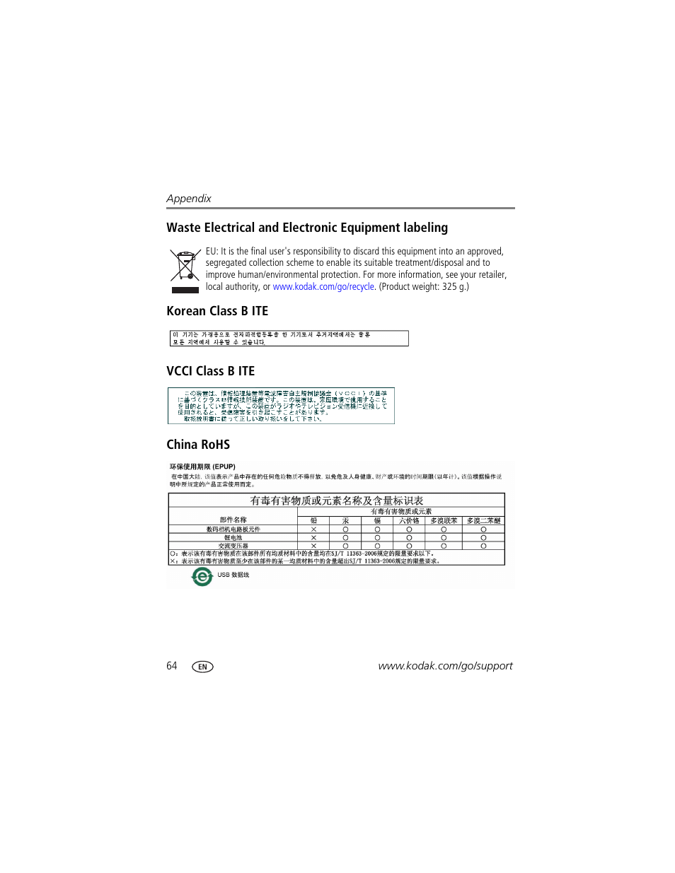 Waste electrical and electronic equipment labeling, Korean class b ite, Vcci class b ite | China rohs | Kodak Z1015 IS User Manual | Page 70 / 77