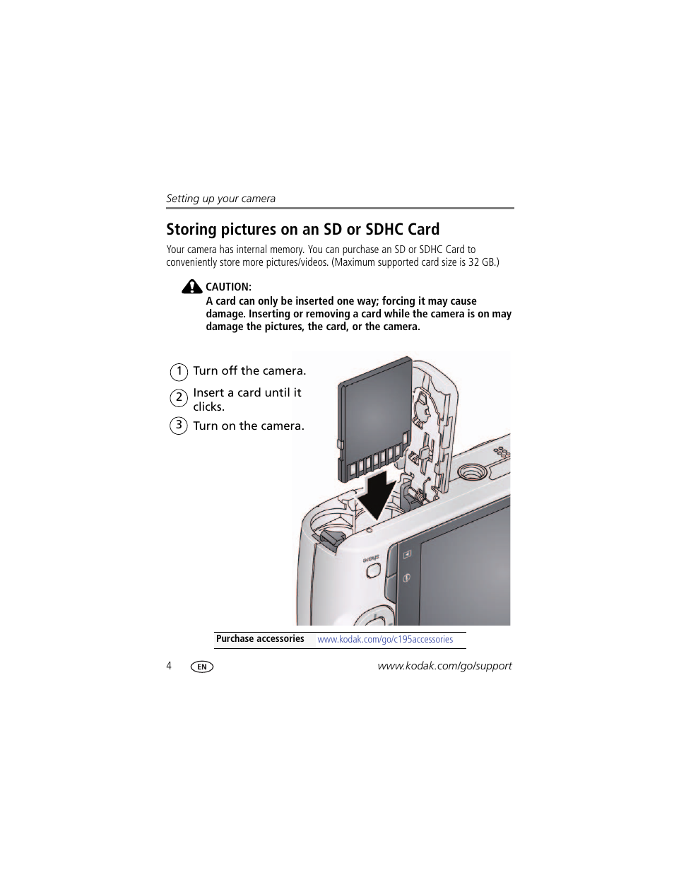 Storing pictures on an sd or sdhc card | Kodak C195 User Manual | Page 10 / 64
