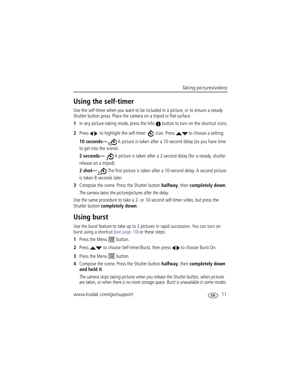 Using the self-timer, Using burst, Using the self-timer using burst | Kodak C195 User Manual | Page 17 / 64