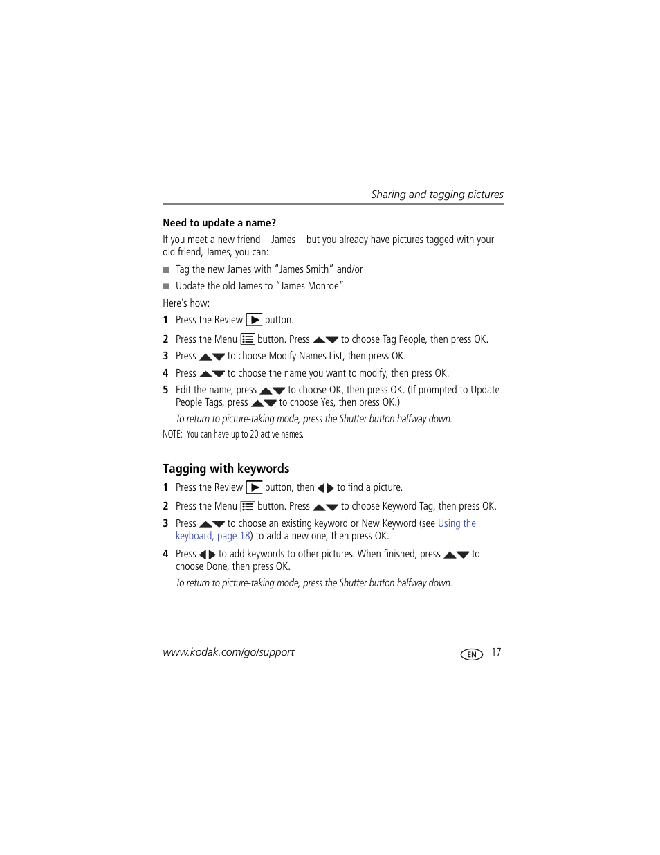 Need to update a name, Tagging with keywords | Kodak C195 User Manual | Page 23 / 64
