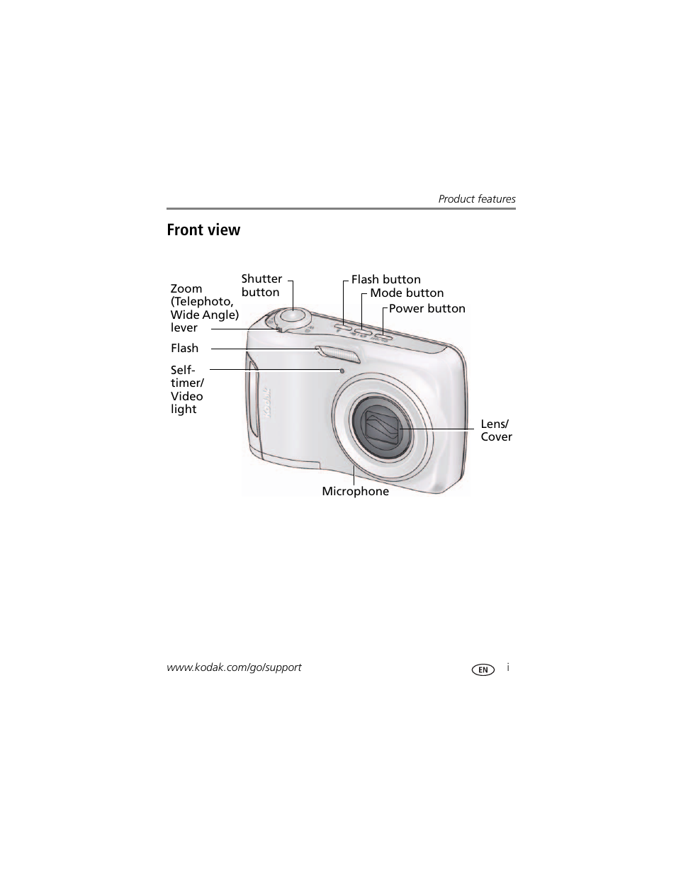 Product features, Front view | Kodak C195 User Manual | Page 3 / 64