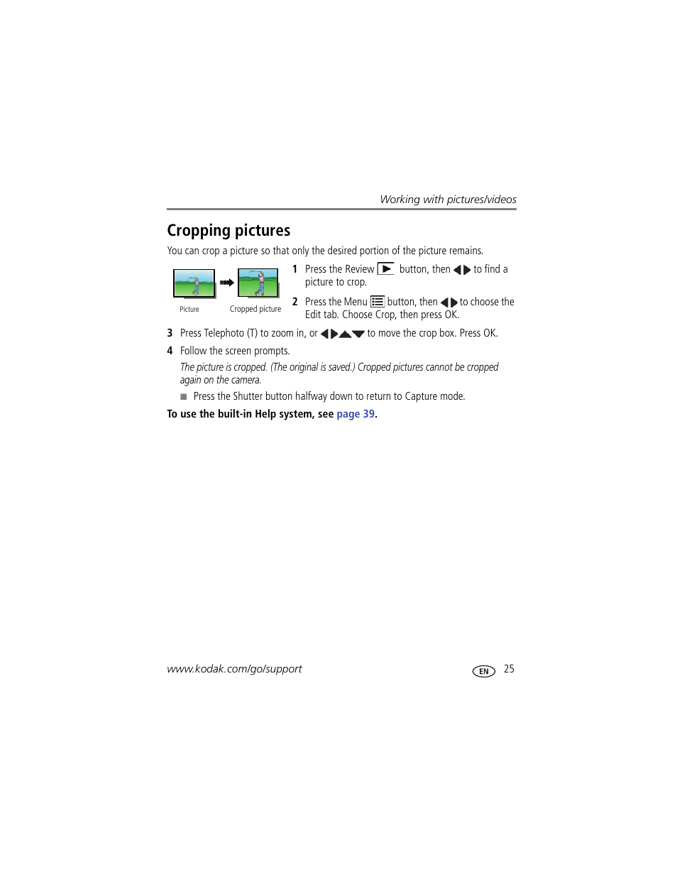 Cropping pictures | Kodak C195 User Manual | Page 31 / 64