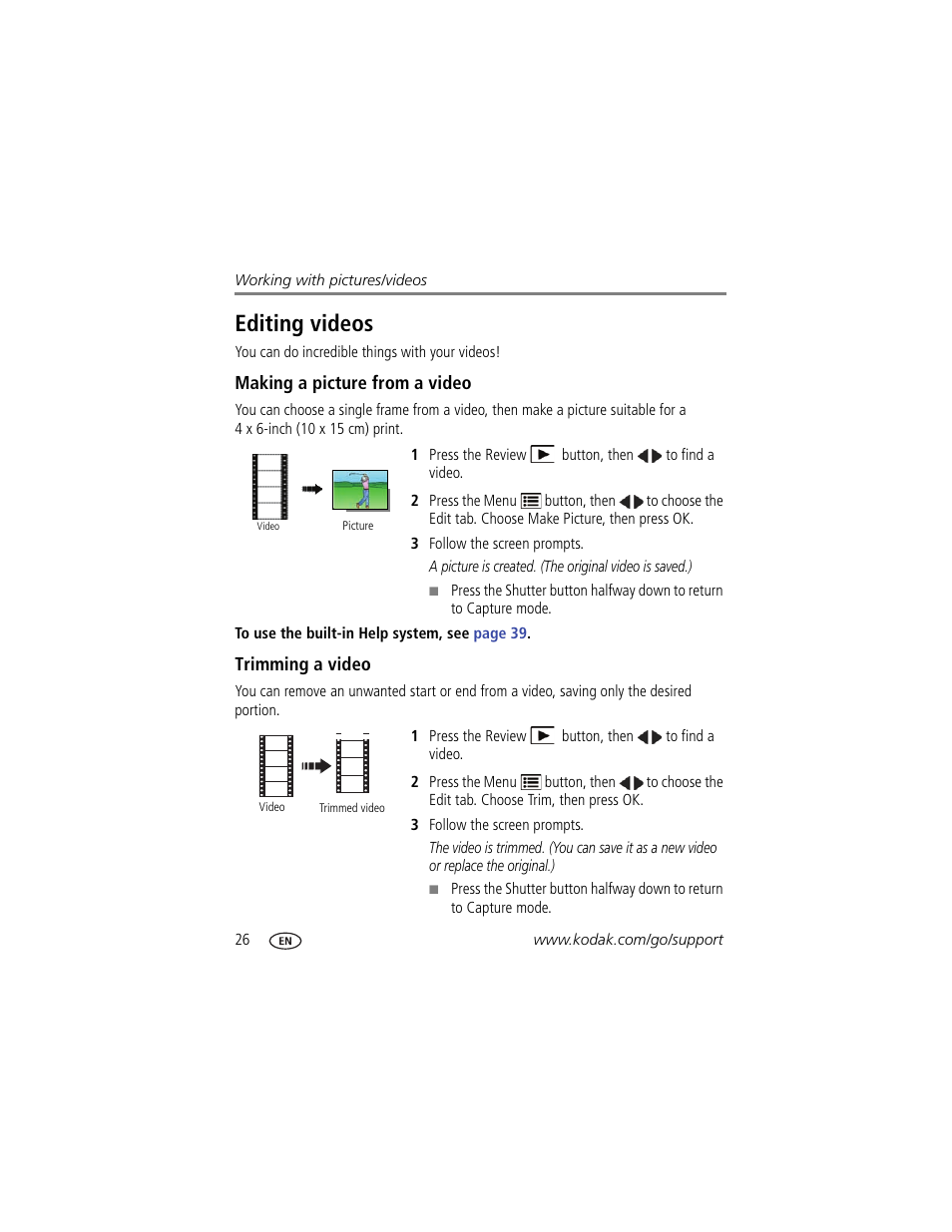 Editing videos, Making a picture from a video, Trimming a video | Kodak C195 User Manual | Page 32 / 64