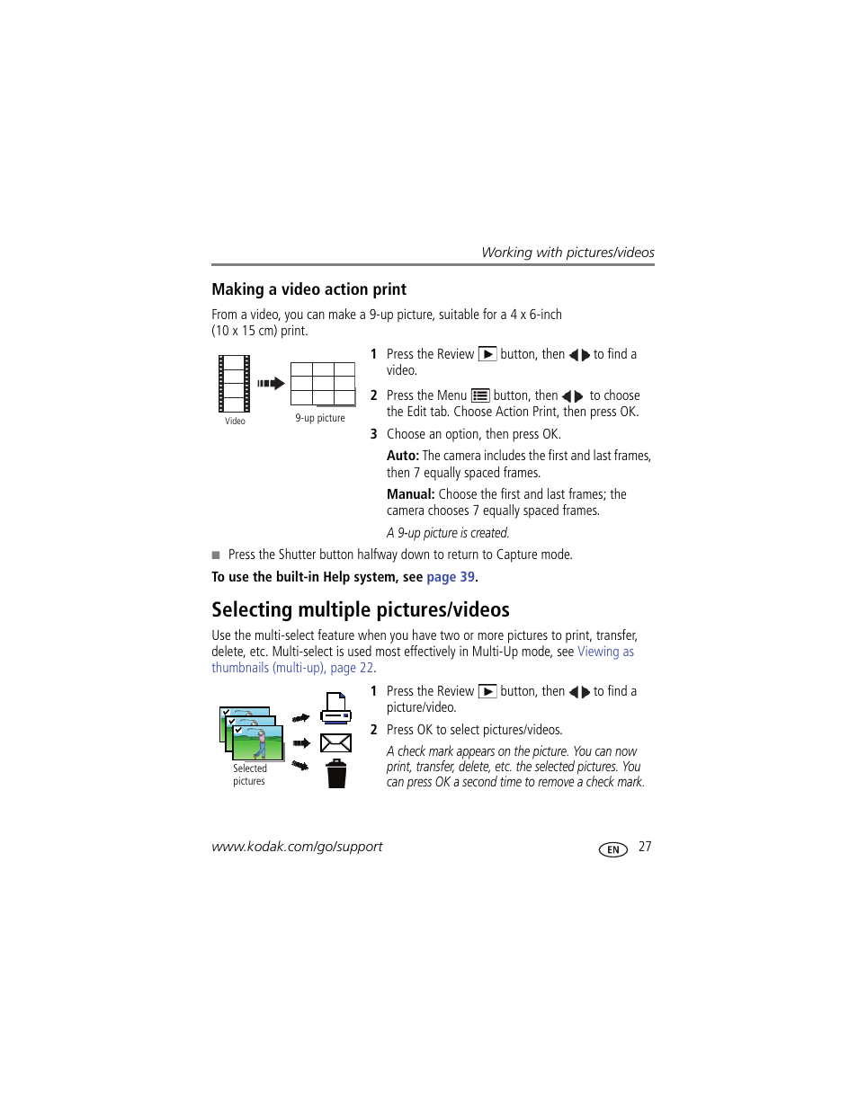 Making a video action print, Selecting multiple pictures/videos | Kodak C195 User Manual | Page 33 / 64