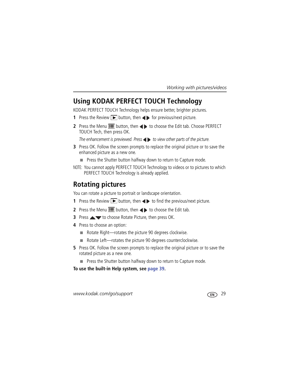 Using kodak perfect touch technology, Rotating pictures | Kodak C195 User Manual | Page 35 / 64
