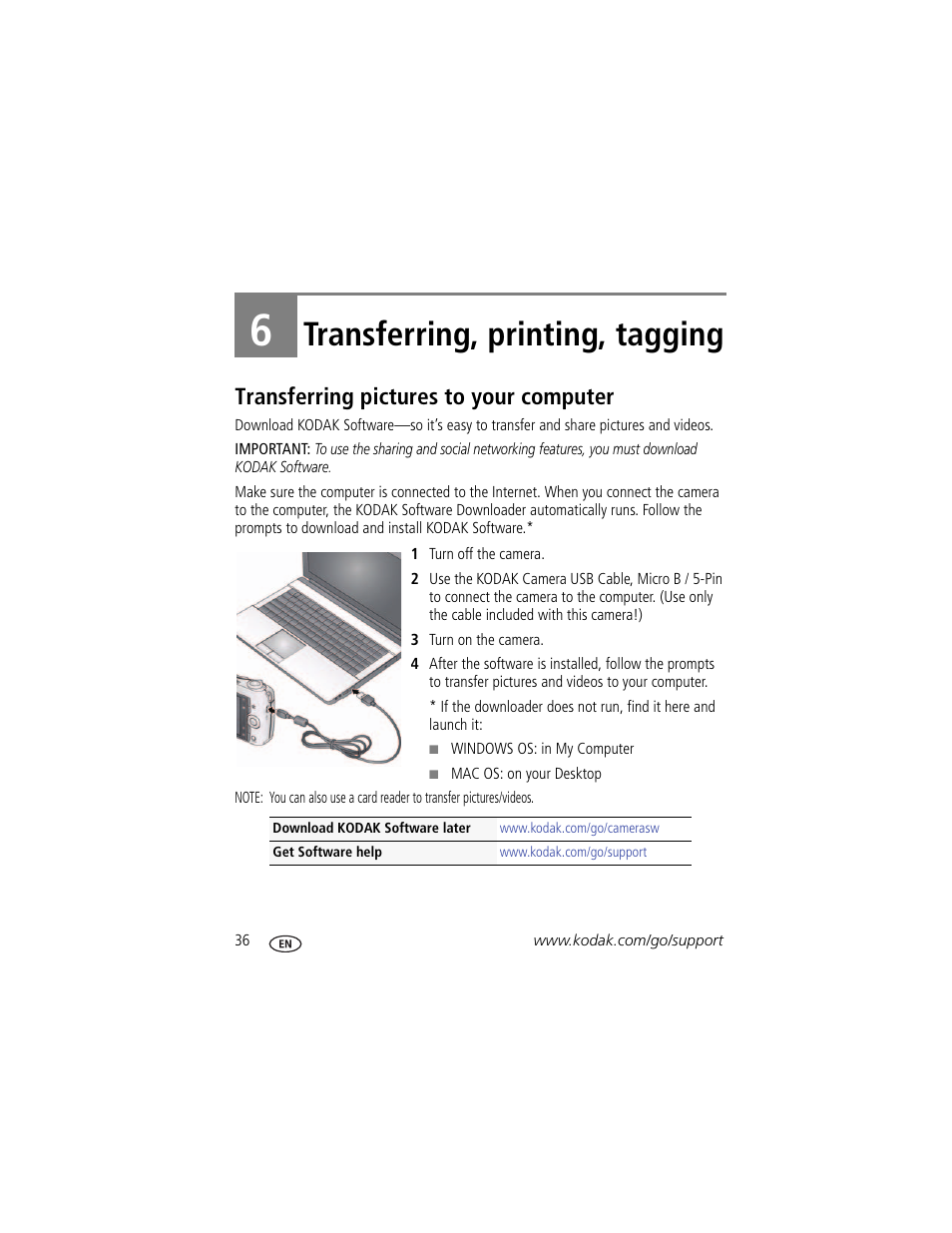 Transferring, printing, tagging, Transferring pictures to your computer, 6 transferring, printing, tagging | Kodak C195 User Manual | Page 42 / 64