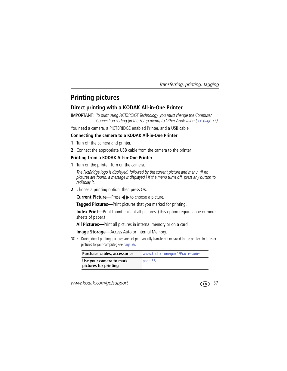 Printing pictures, Direct printing with a kodak all-in-one printer, Printing from a kodak all-in-one printer | Kodak C195 User Manual | Page 43 / 64