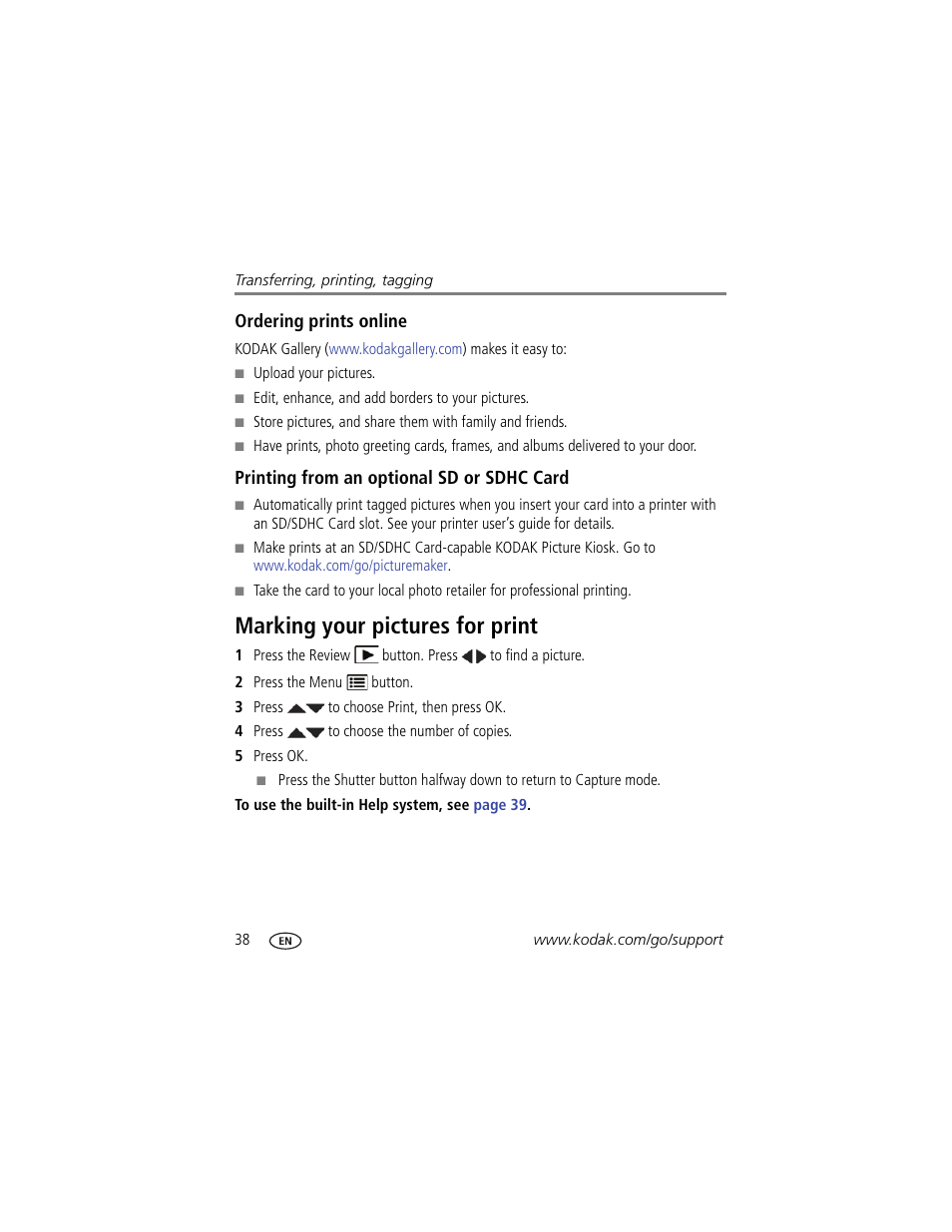 Ordering prints online, Printing from an optional sd or sdhc card, Marking your pictures for print | Kodak C195 User Manual | Page 44 / 64