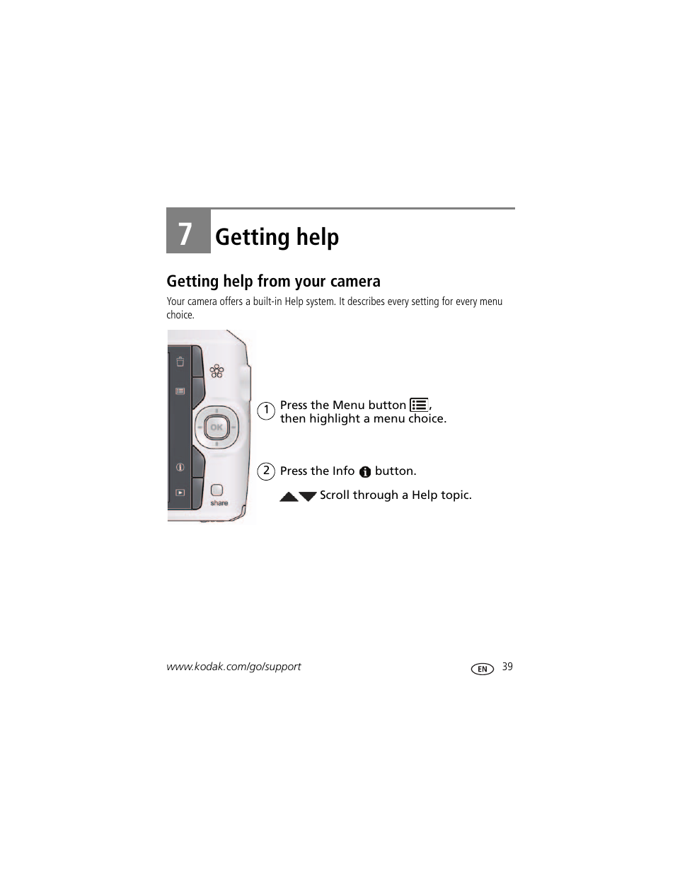Getting help, Getting help from your camera, 7 getting help | Kodak C195 User Manual | Page 45 / 64